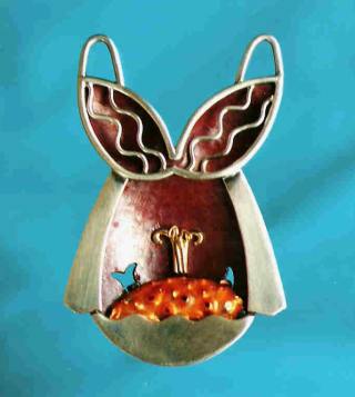 "Pregnant Neglige" Pendant, Copper, silver, enamel 18ct gold.
